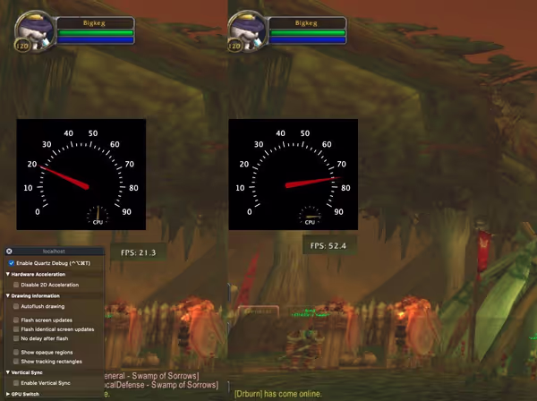 Just disable the debug mode. Also it doesn't always match WoW FPS counter