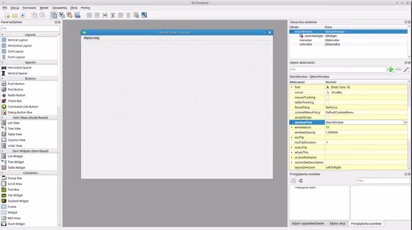 On the left you have available widgets you can drag and drop onto the window while on the right you have settings of currently selected element