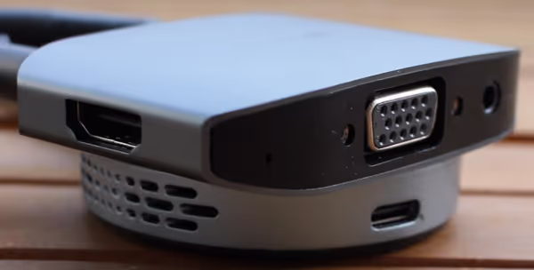 Receiver can either use HDMI or VGA outputs. Audio is handled via the provided audio out