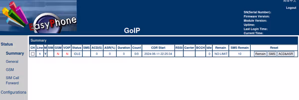 GoIP web admin panel - starting status page
